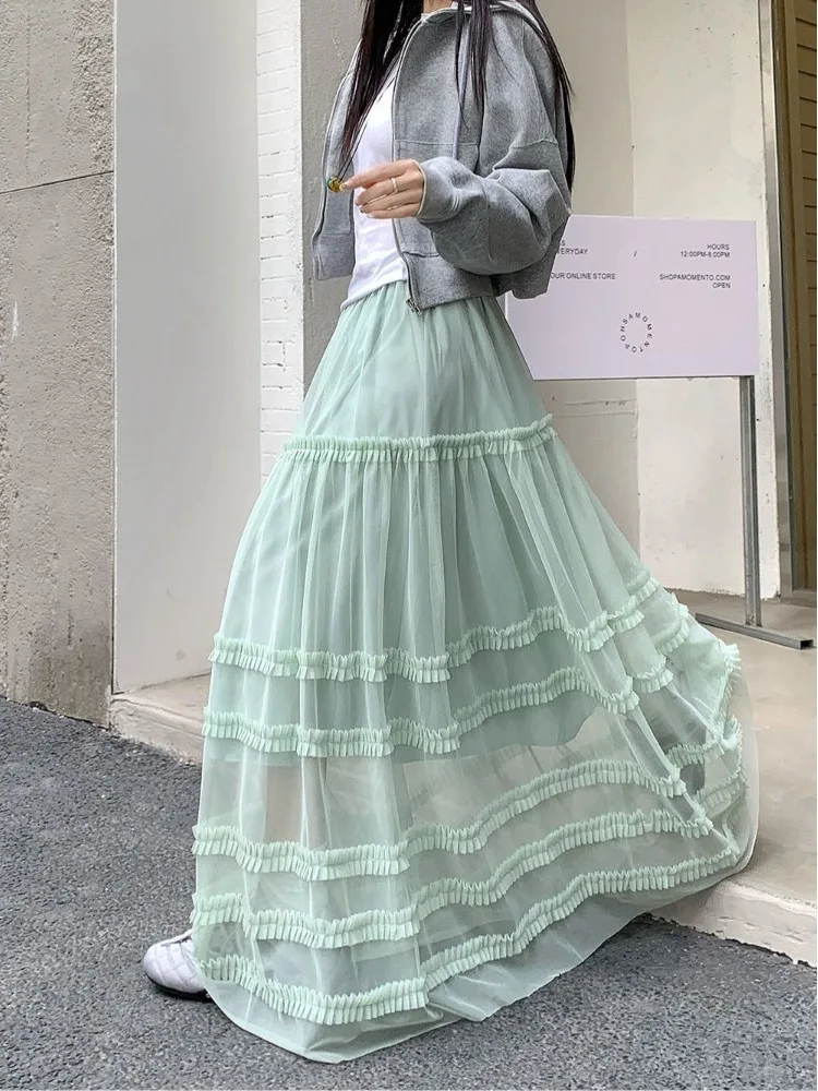 ハイウエストチュールハーフスカート女性の春の新作バレエスタイル木製レースケーキロングスカート韓国風通勤