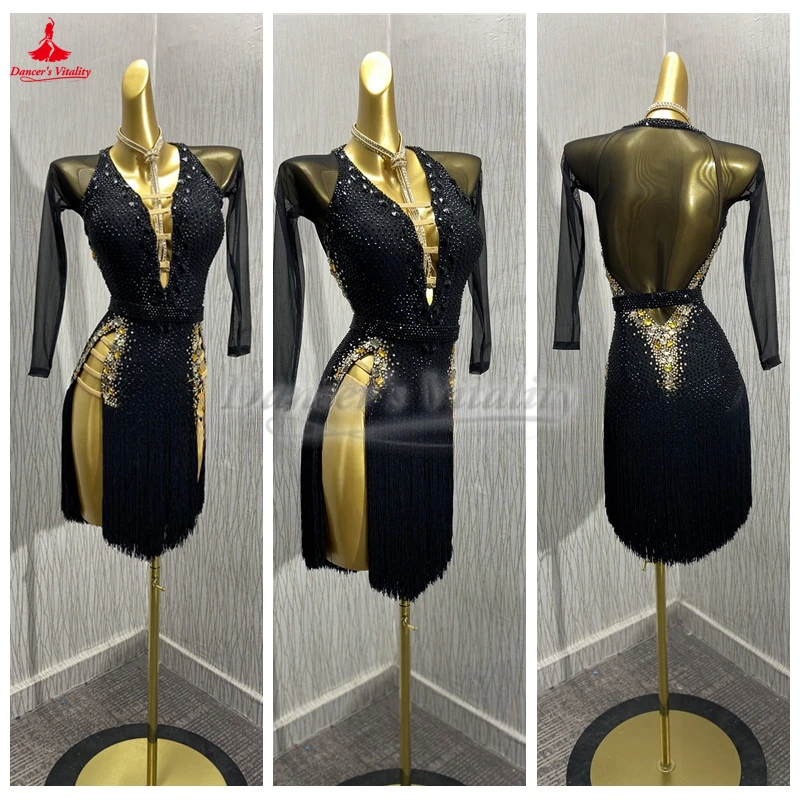 

Luxurious AB Stones Salsa Cha-cha Samba Jive Tassels Dress Adult Latin Dance Competition and Perform Outfit High-end Customize
