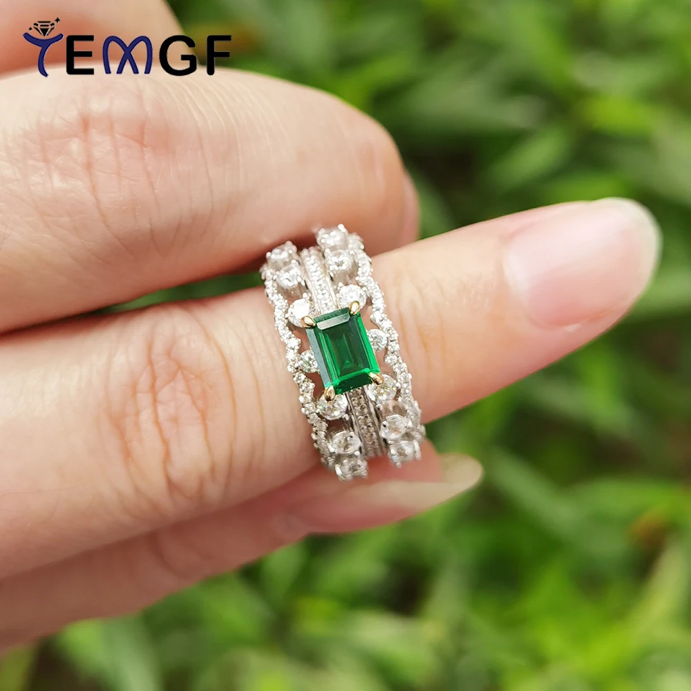 

TEMGF 925 Sterling Sliver Ring Emerald Cut Lab-grown Gemstone Full Zircon Circle Inlay Fine Jewelry for Women Men Luxury Band
