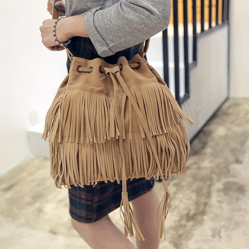 Fashion Soft Velvet Frosted Tassel Bag for Women with Drawstring Bucket One Shoulder Straddle Bag