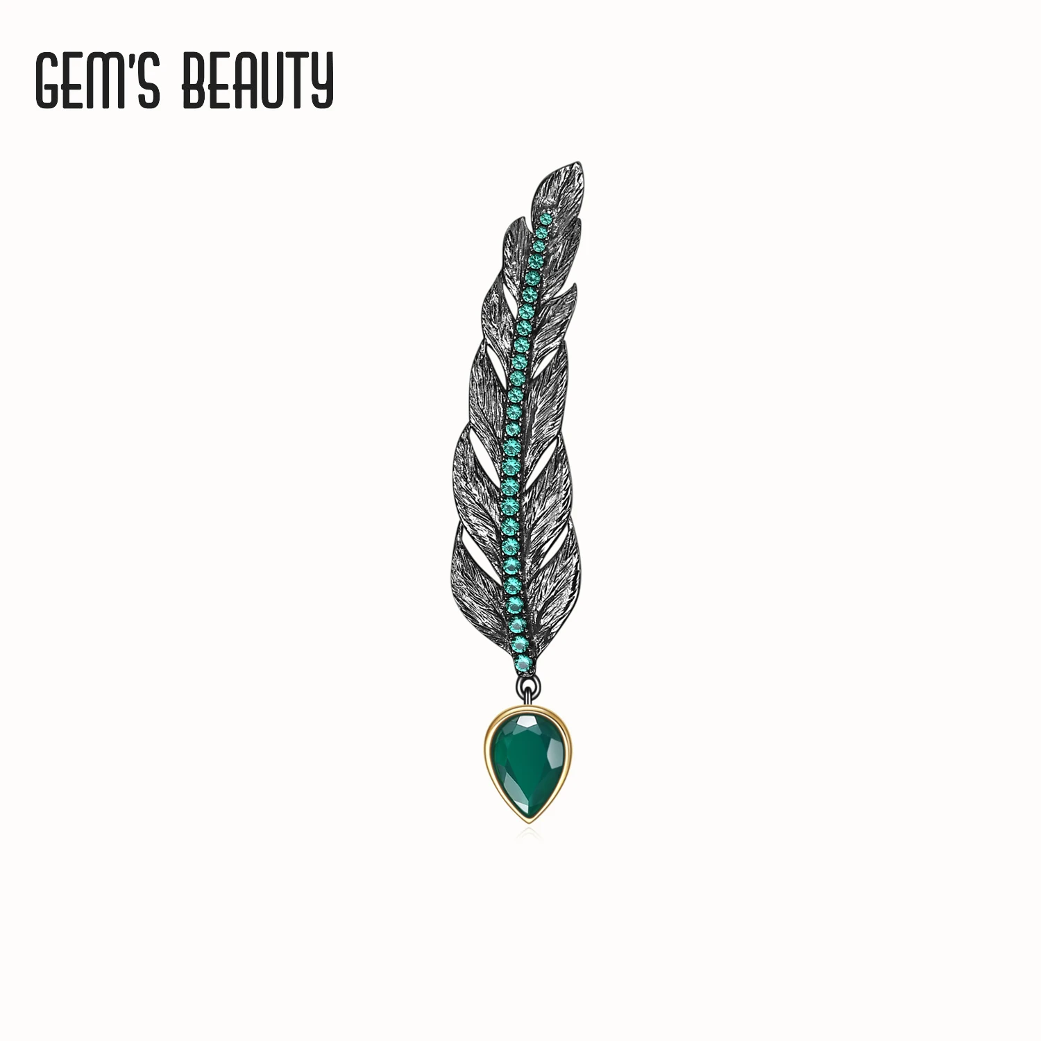 GEM'S BEAUTY 925 Sterling Silver Feather Brooches 2021 Style Natural Pear Cut Green Agate Handmade Unisex Brooches on Clothes