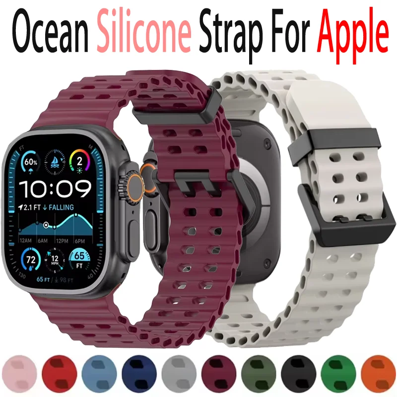 Силиконовый ремешок Ocean для Apple Watch Ultra 2 49 мм 46 мм 45 мм 44 мм Спортивный браслет с металлической пряжкой для iWatch 10 9 8 7 6 5 SE Correa