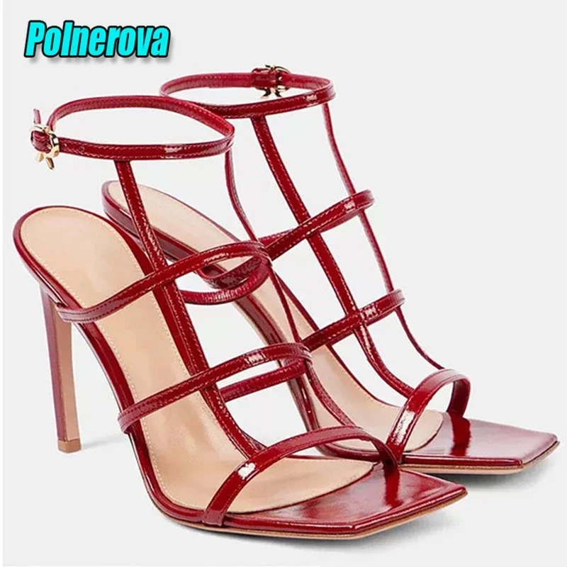 

Summer New Patent Leather High Heels Sexy Square Toe T-Strap Stiletto Sandals Elegant Open Toe Ankle Buckle Party Dress Shoes