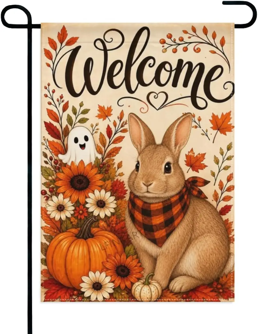 Welcome Fall Rabbit Garden Flag 12x18 Inch Pumpkin Sunflower and Ghost Double Sided Polyester Outdoor Yard Flag for Home Law yyi