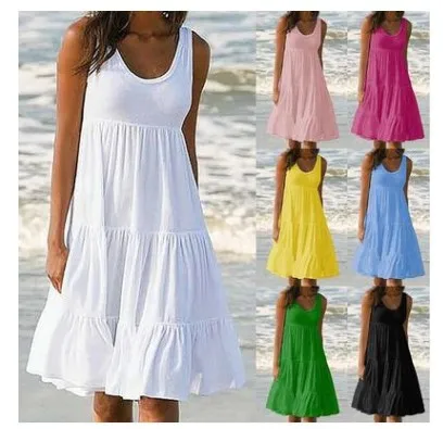 

2025 Summer New Women's Fashion Temperament Sleeveless Round Neck Stitching Big Beach Skirt Lady