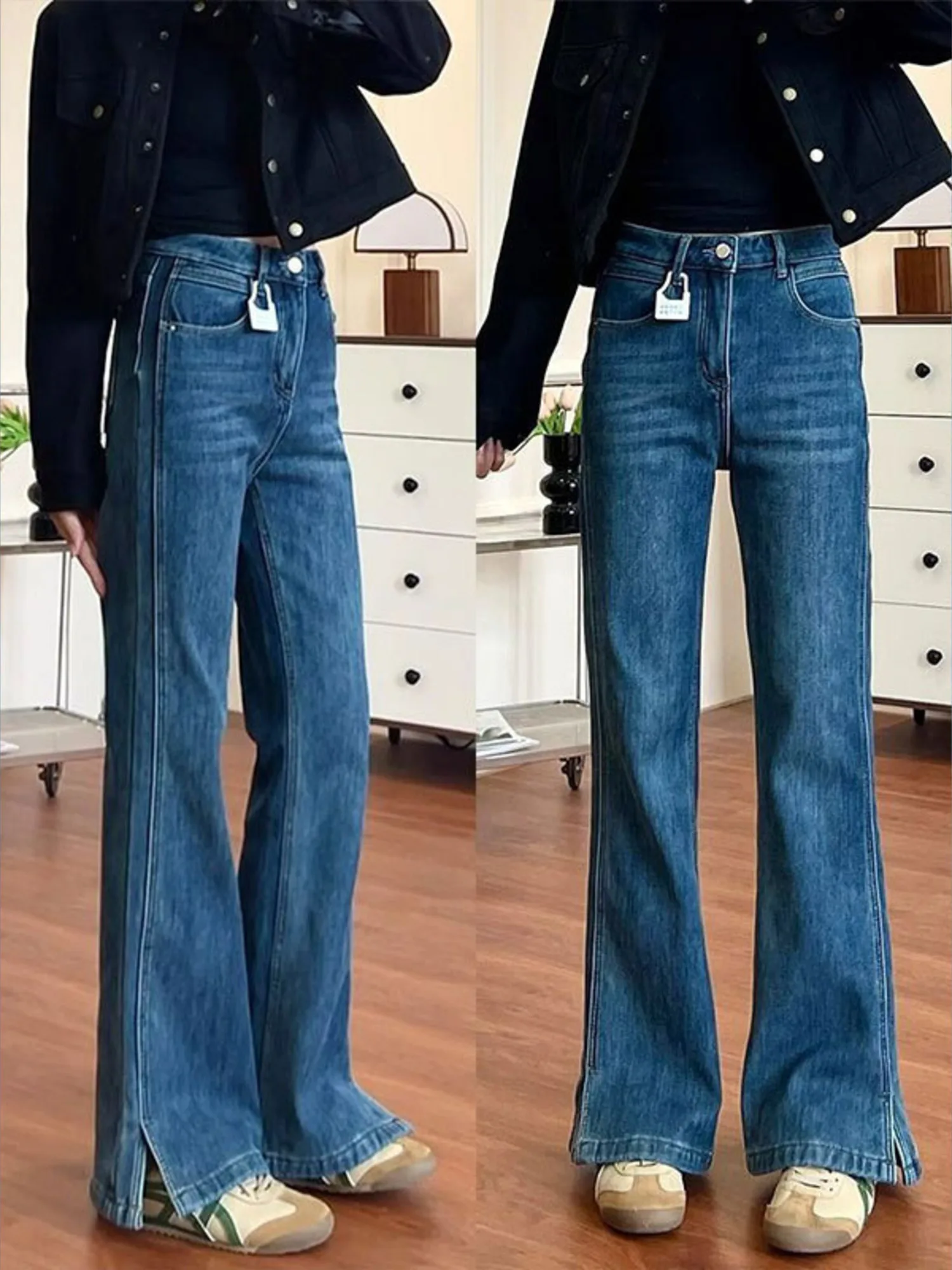 Women Vintage Bootcut Jeans High Waist Split Hem Flare Denim Pants Y2K Streetwear