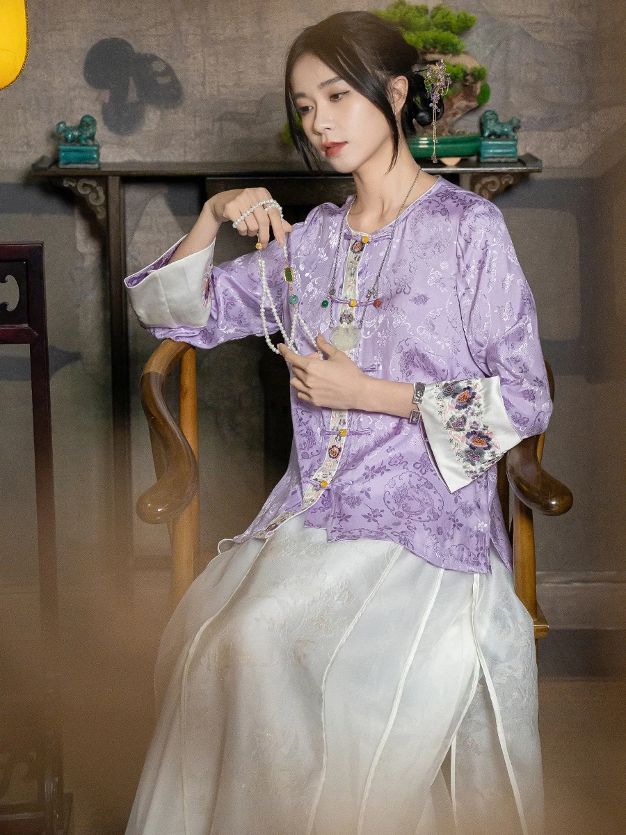 

Ele New Chinese Sle irt High-End Faion Women's Retro Button Embroidered Flower Spring Summer Autumn Tea Clot...