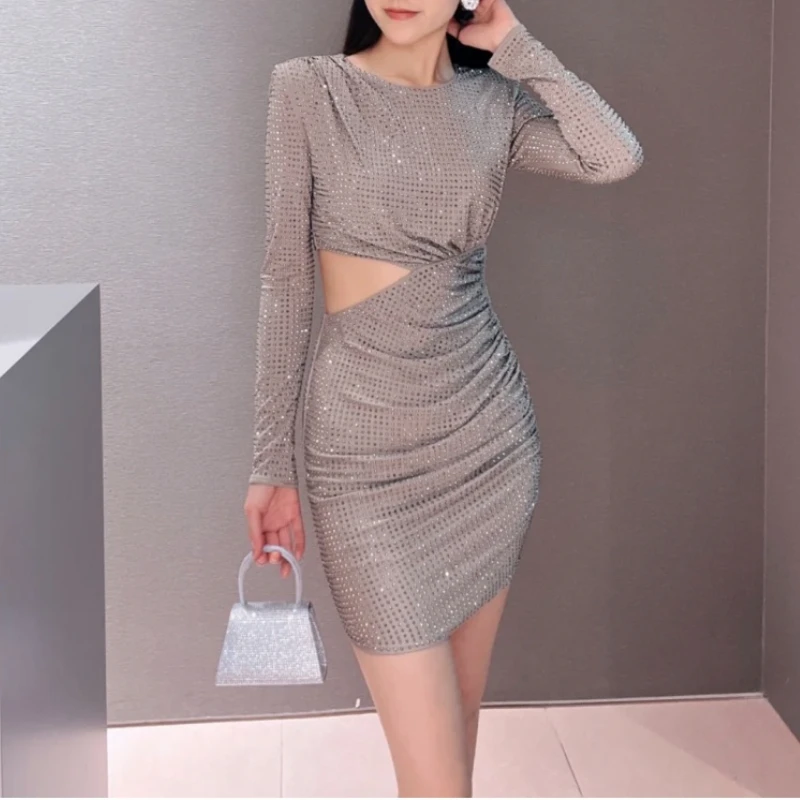 Women Hot Drill Hollow Out Waist Slim Fitting dress Long Sleeve Sexy Party Wear Bodycon Dress