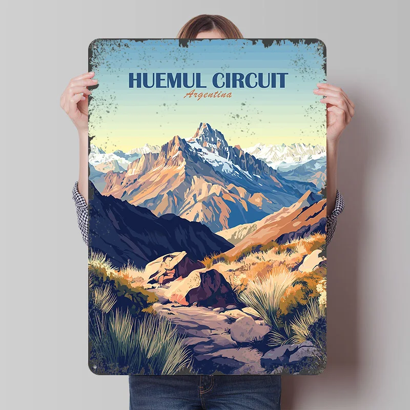 Póster Metálico de Arte Paisajístico de Argentina, Huemul Circuit, Arte de Pared Personalizado, Letreros Retro Vintage de Hojalata para Decoración del Hogar