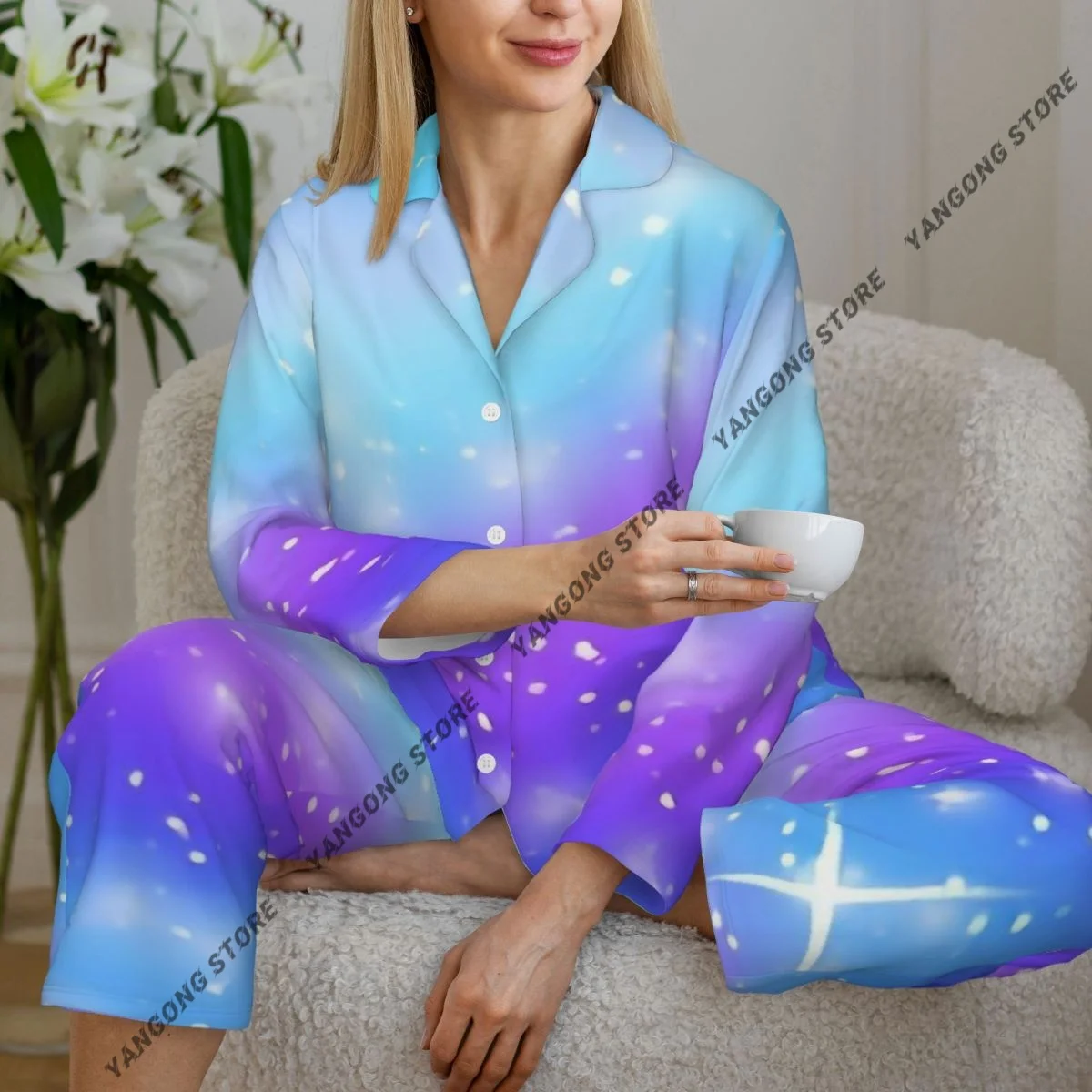 Fantasy Unicorn Fairy Stars Womens Pajamas Loungewear Two-piece Sleepwear Button-Down Full Sleeve Long Pajamas Set