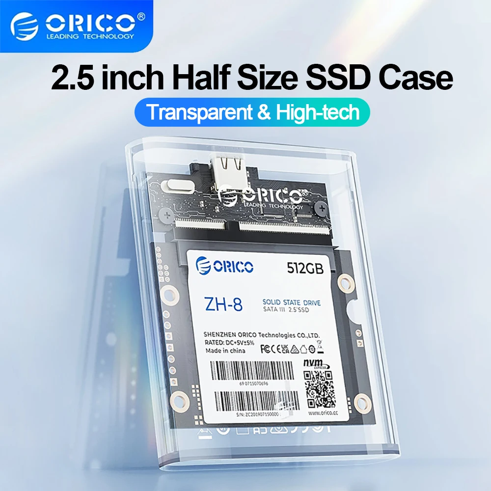 ORICO USB C HDD 케이스, 2.5 인치 하프 사이즈 SSD 케이스, C타입 하드 드라이브 인클로저, 5Gbps 지지대 자동 절전, 2.5 인치 SSD 미니 사이즈