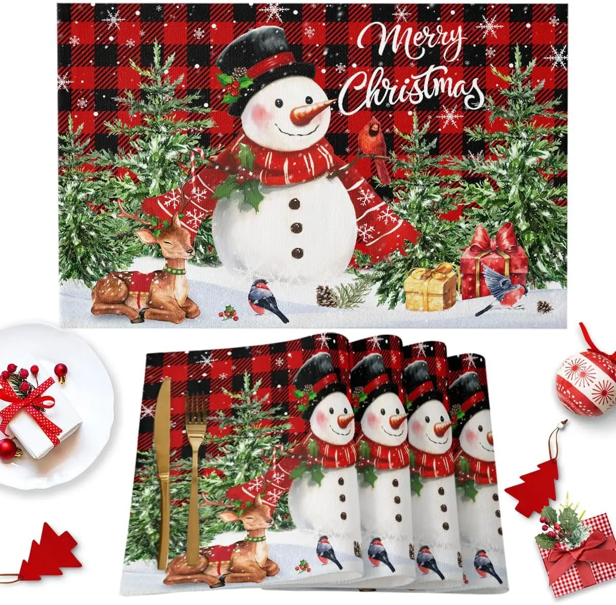 Merry Christmas Placemats Set of 4, Snowman Tree Red Buffalo Plaid Place Mats, Kitchen Snowflake Table Decor Washable