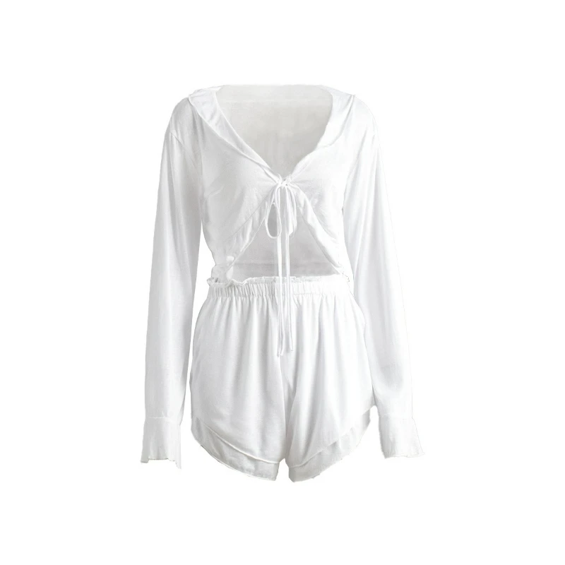 Lace-up Long-sleeved Shorts Pajama Set European and American Summer New Cardigan Loungewear Women's Comfortable Breathable