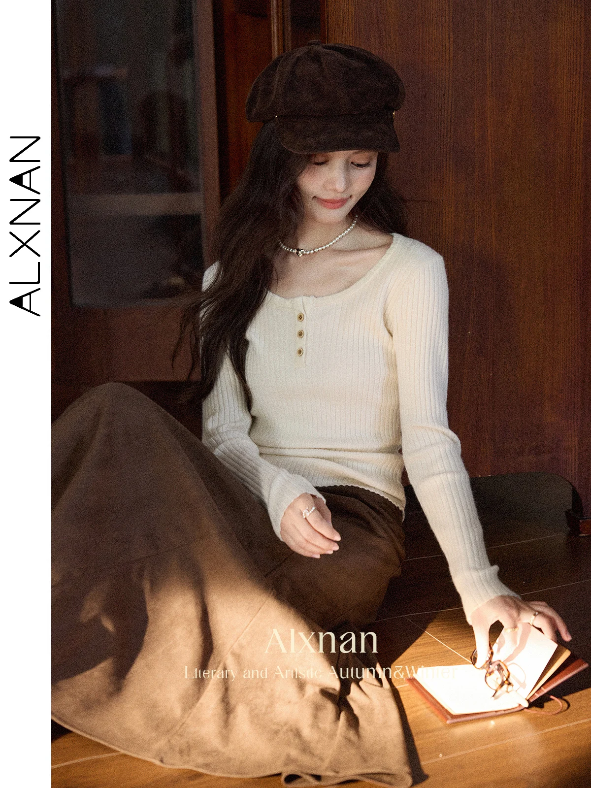 ALXNAN frauen Pullover Apricot Rundhals Langarm Pullover Herbst Winter Elegante Casual Slim-fit Gestrickte Tops Weibliche L56950