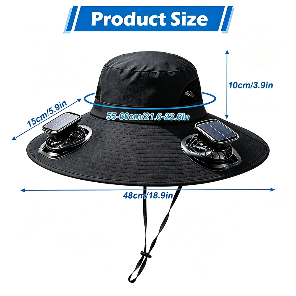 Hat with Fan Wide Edge, Waterproof Solar Powered Fan Hat with 2 Solar Fans 3-Speed Adjustable for Men Women Outdoor Activities