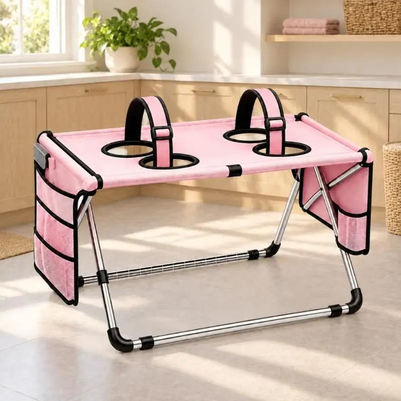 Dog Bathing and Grooming Table with Configurable Torso Belt, Side Storage Pockets, and Foldable Frame for Storage KXRE