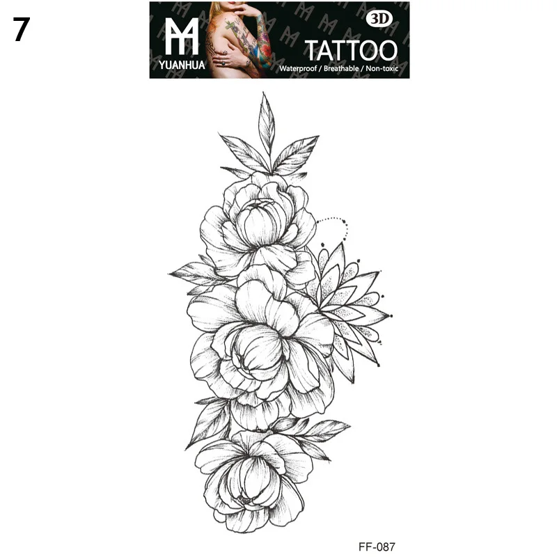 Water Transfer Black Flower Paster Temporary Waterproof Tattoos Sticker Fashion Sketch Rose Tattoos Sticker Body Art Decoration