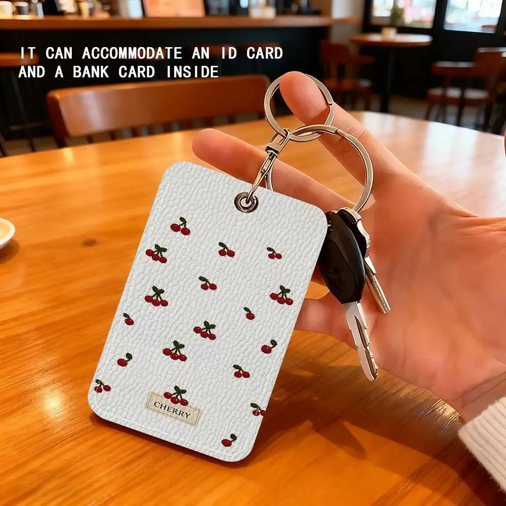 Sweet Cherry Cute Pattern PU Soft Leather Rectangular Keychain Card Holder, Badge Student ID Bus Elevator Card Protector