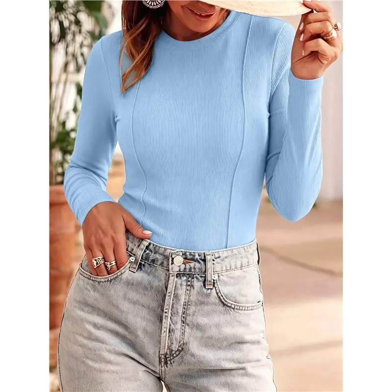 Women's Crew Neck Ribbed Slim Fit Long Sleeve Top Eco-Friendly