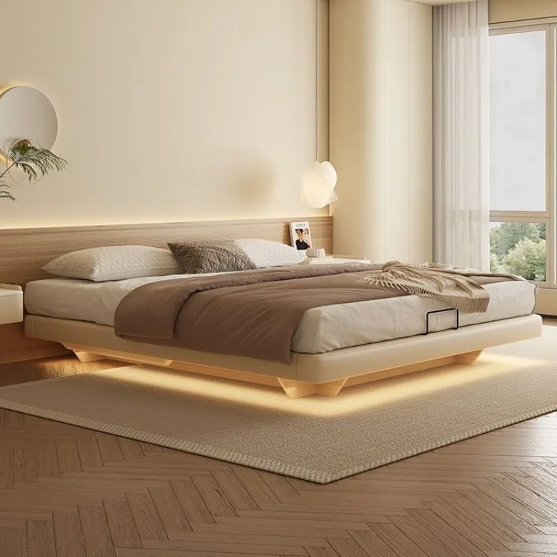 

No bedside suspended storage modern cream master bedroom double bed