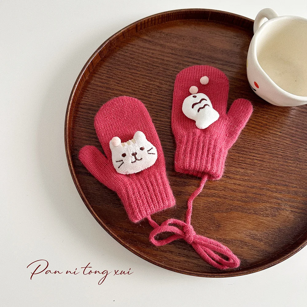 Guanti Bambino Trendy Guanti in maglia gattino 3D Addensato Calore invernale Dito intero Scaldamani per bambini in stile coreano