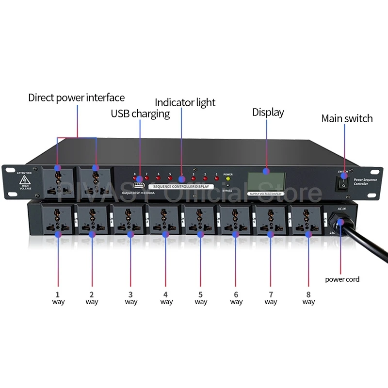 Professional 8 Channel High Power Equipment Power Supply Controller 10-way Power Sequencer With RS232 Serial Port for Stage