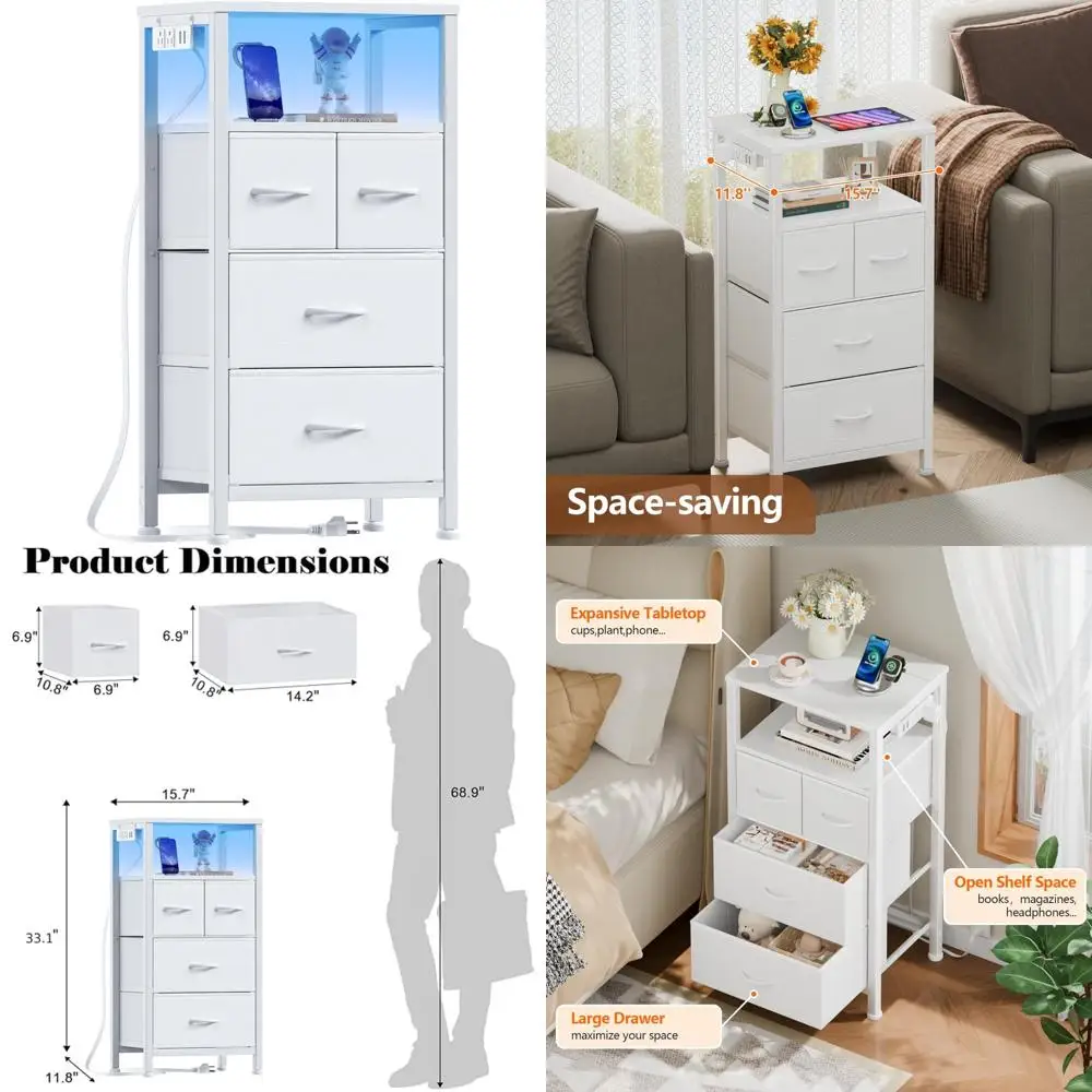 خزانة Furnulem ذات 4 أدراج مع ضوء LED ومحطة شحن، حامل ليلي أبيض مع رف تخزين وقماش ودرج PVC، 33 #1