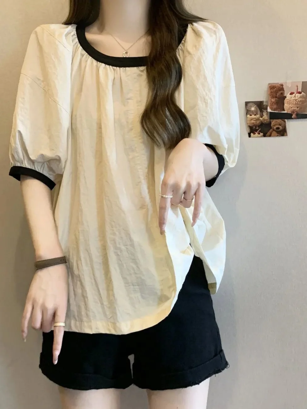 Extra Large Size Color Block Bubble Sleeve Short Sleeve T-Shirt Women's Summer Fashion Loose Slimming Belly Covering Top