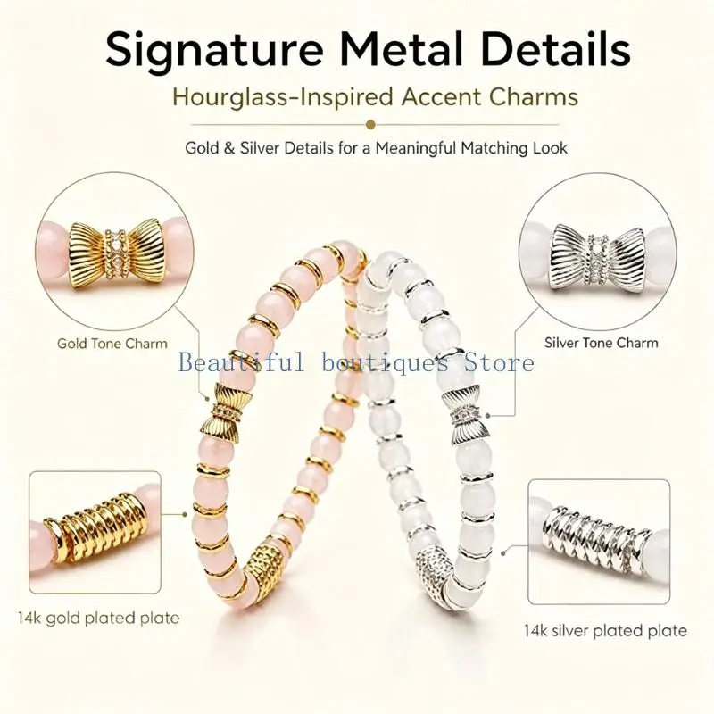 U4LF Natural Stone Stretch Bracelet Set, 2 Round Bead Bracelets with Mixed-Tone Spacers for Stacked or Separate Wear