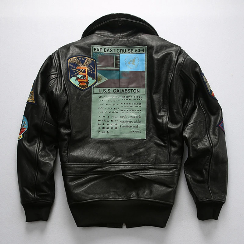 Top Gun 100 % echte Jacken, Rindsleder, Wollkragen, braun, schwarz, Kleidung, Motorrad-Stickerei, Unisex, echter Ledermantel – Detail 6