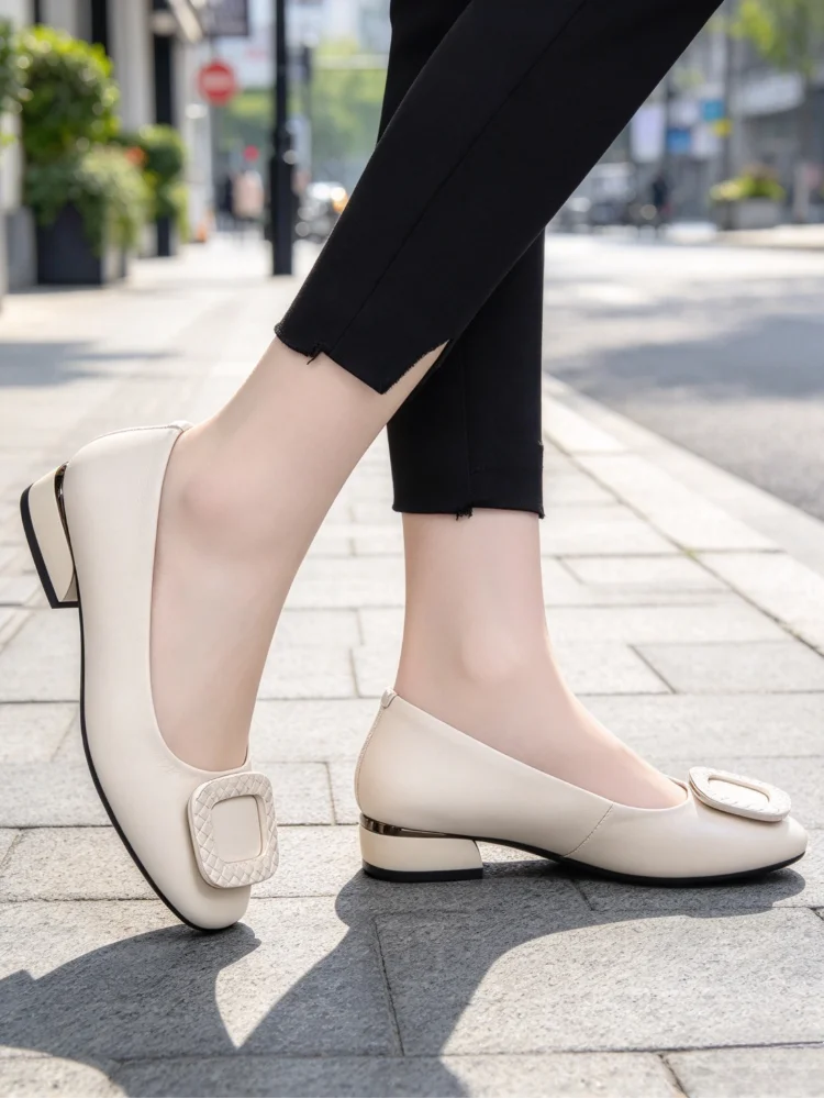 Women's Soft Leather Square Toe Slip-on Low Heel Pumps, Metal Square Buckle Shallow Cut Versatile Office Commuter Shoes - view 2