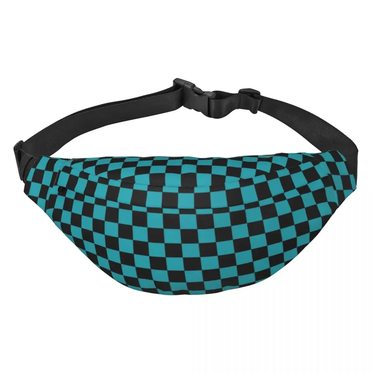 Custom Checkerboard Pattern Black And Cyan Blue Plaid Fanny Pack Hiking Men Women Sling Crossbody Waist Bag Phone Money Pouch