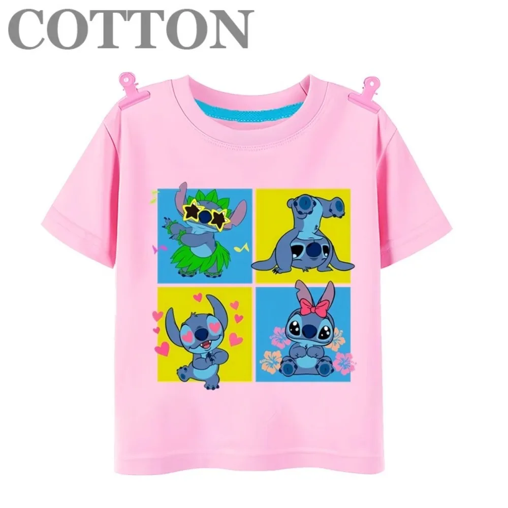 Disney Cute Stitch Anime Cotton Fashion Summer Children's Cartoon Multiple T-shirts Round Neck Casual Short Sleeve Print Pattern