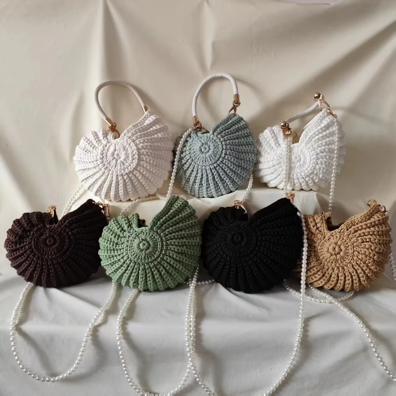 

Conch Shell Knit Crochet Crossbody Shoulder Bag,Pearl Chain Handmade Woven Women Sling Bag,Elegant Delicate Cute Compact Purse