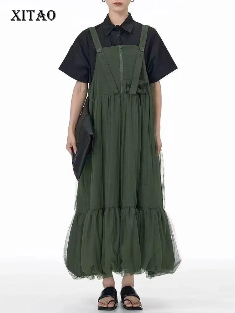 

XITAO Button Gauze Patchwork Dress Solid Color Spaghetti Strap Square Collar Temperament Slimming Summer Woman Dress HQQ2495