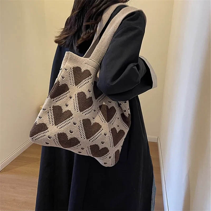 Love Pattern Handbag New Knitted Women\'s Bag Large Capacity Weaving Tote Bag Street Trend Shopping Shoulder Bag , Travel Bag