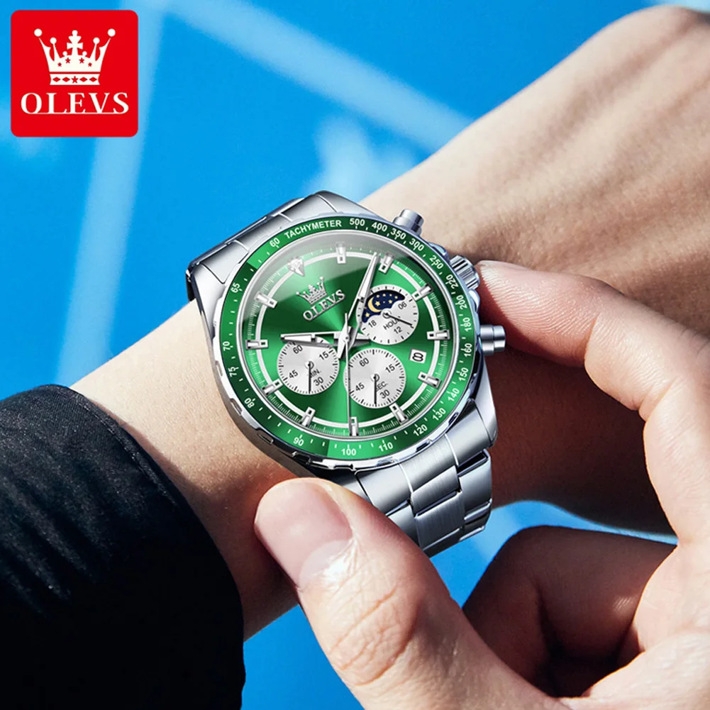 OLEVS Man Watch Luxury Original Quartz Watch for Men 24 Hour Moon Phase Chronograph Hand Clock Waterproof Luminous Green Watches