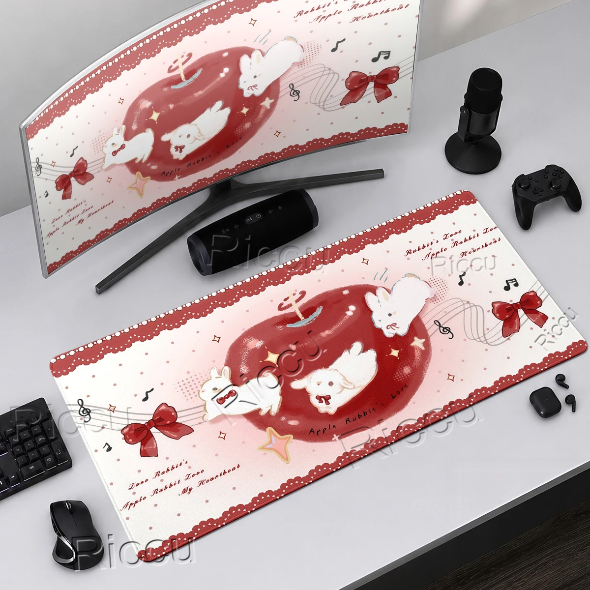 Red White Mousepad Computer Tablemat Cute Rabbit Mouse Pad Keyboard Pc Accessories Red Apple Office Large Desk Mat XXL HD Carpet