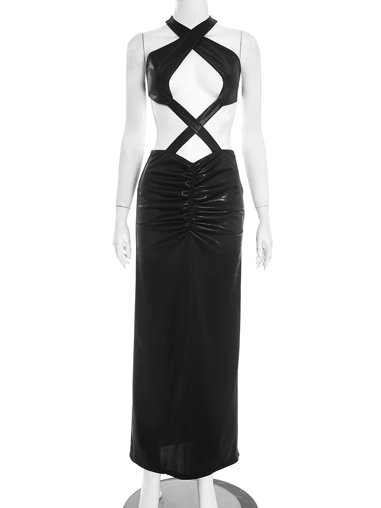 Nibber Ruches Club Jurk Vrouwen Sexy Backless Halter Hollow Cross Bandage Perzik Hip Hipster Stretch Skinny Activiteit Maxi Bodycon