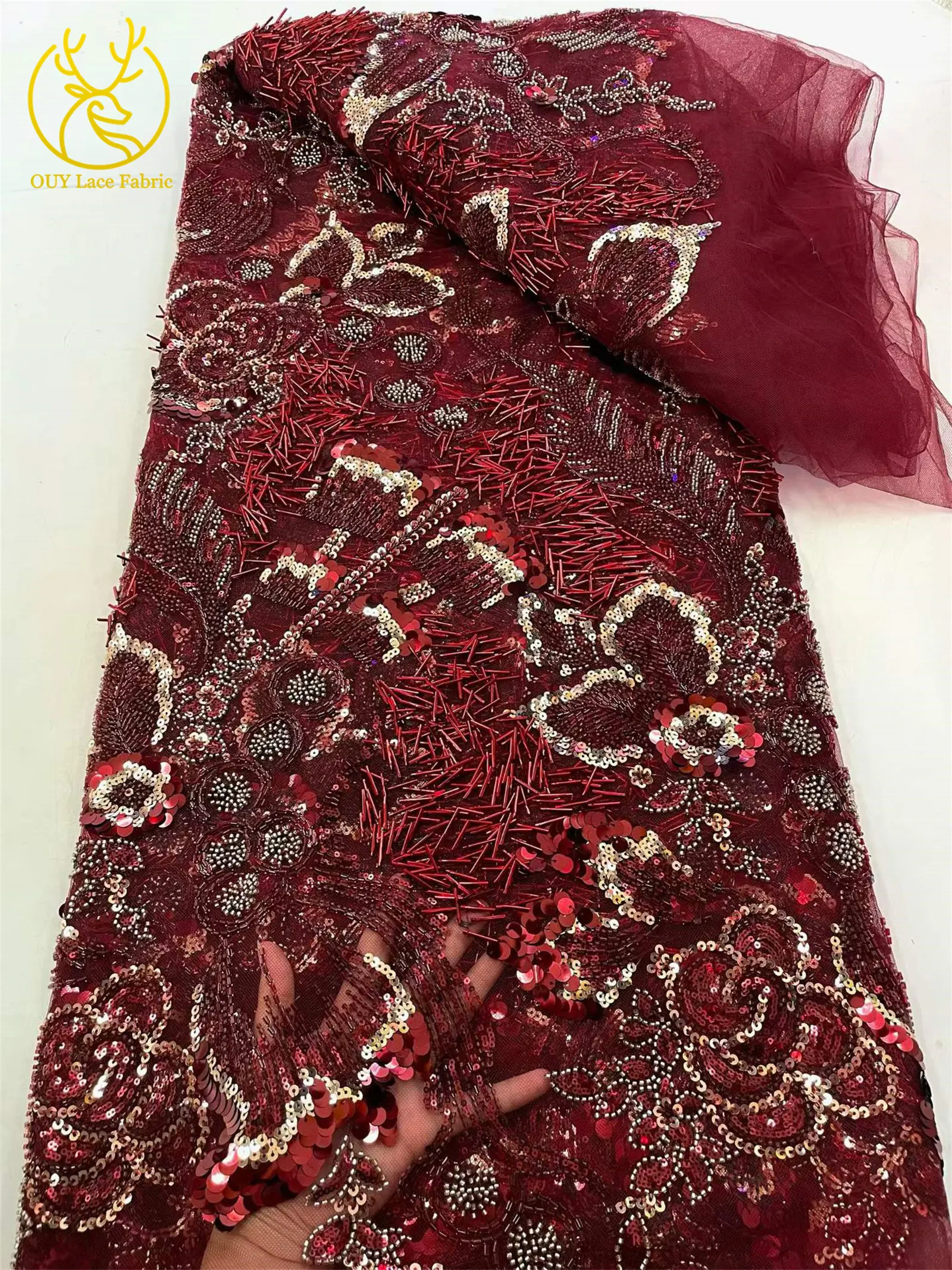 2026 Neuer Stil Luxuriöses Blumen-Perlen-Pailletten-Spitzendesign Hochwertiger Afrikanischer Spitzenstoff für Damen Hochzeitskleid Partykleid Nähen – Detail 8
