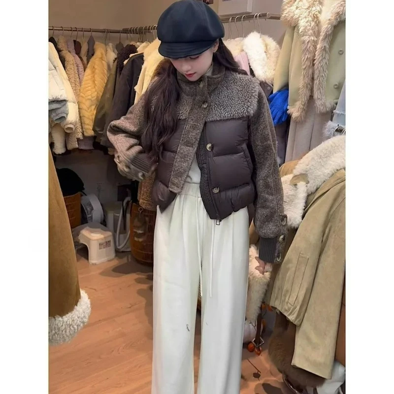 European American Style Fashionable Stand-up Collar Lambskin Patchwork Down Jacket for Women 2026 Winter Fashion Short Warm Coat