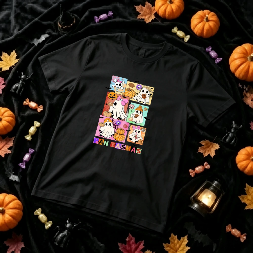 Cute Fantasmas Ghost Collage Halloween Graphic T‑Shirt Colorful Cartoon Ghost Pumpkin Bow Patchwork Print Crew Neck Casual Tees