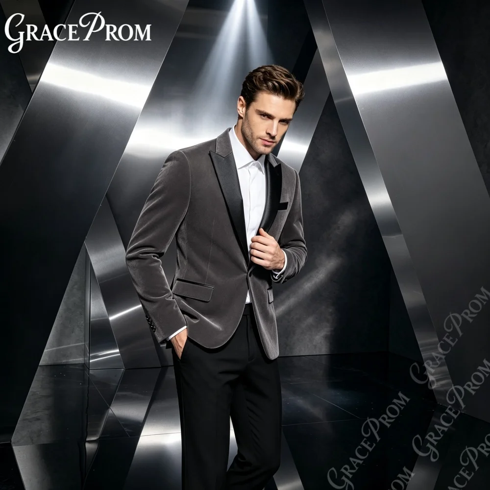 2027 New Dark Gray Men Velvet 2 Piece Suit Chic Slim Fit Satin Lapel Blazer Pants Formal Wedding Groom Party Suit Made to Order