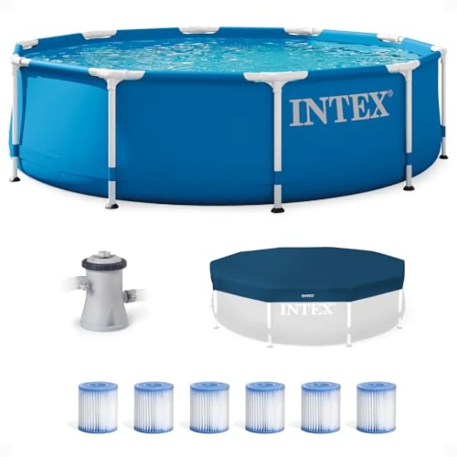 Outdoor round swimming pool set with metal frame, silver color, rust-resistant coating for durability and easy assembly