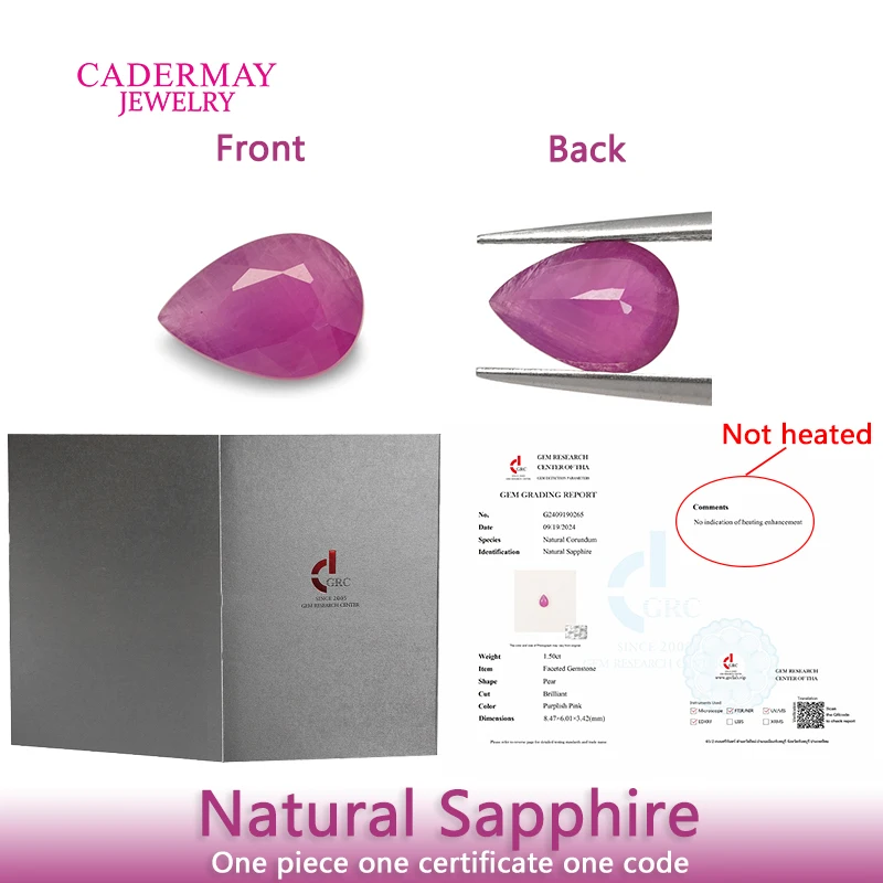 Cadermay GRC Certificate Not Heated Natural Sapphire 1.5ct Pear Cut Purplish Pink Natural Sapphire Gemstones For Jewelry Making