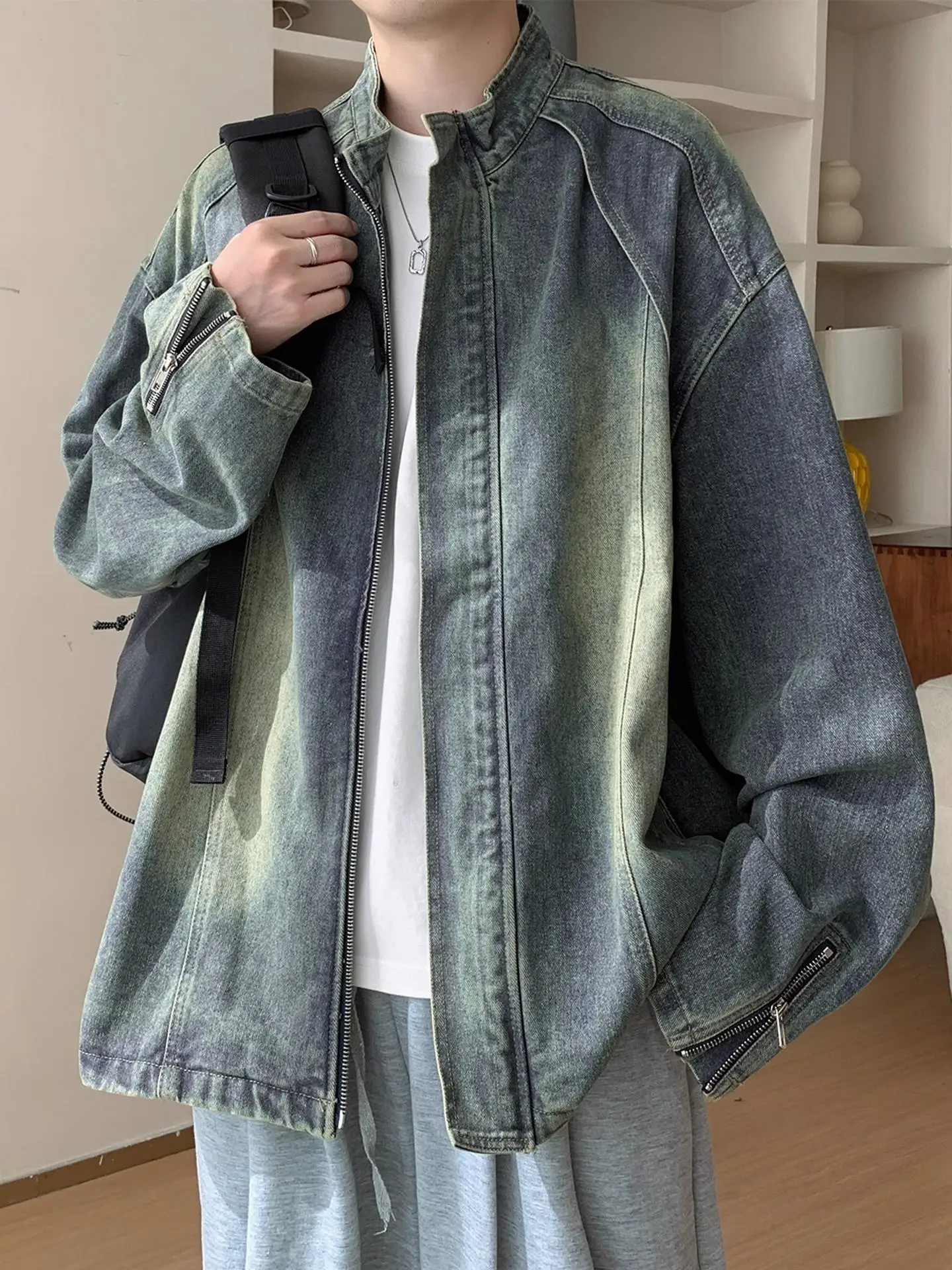 

Casual Loose Men's Denim Jaet Spring Autumn Trendy Brand American Waed Top Youthful Haome Casual Jaet Zipper Closure