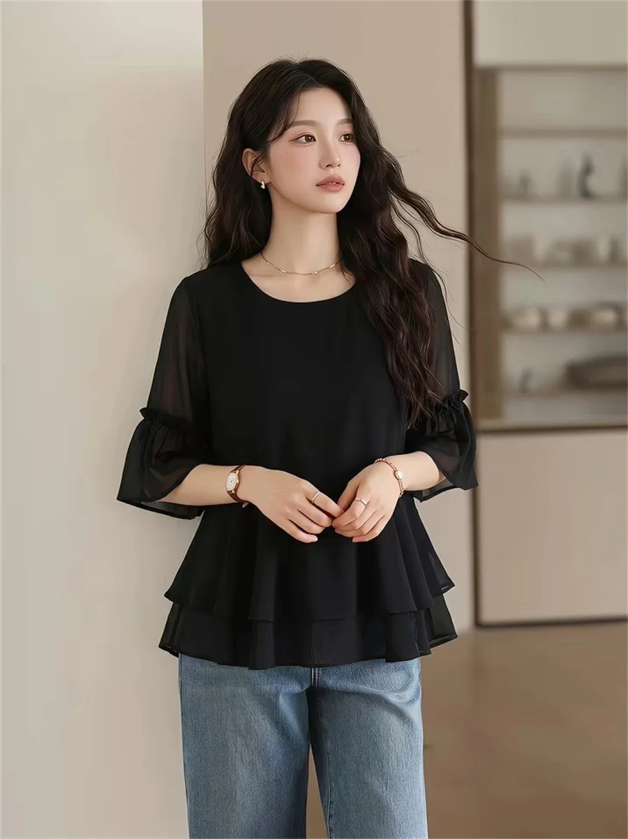 Blusa de chiffon fashion para mulheres plus size, cor sólida, manga curta, com babados, casual, elegante, para escritório, outono.