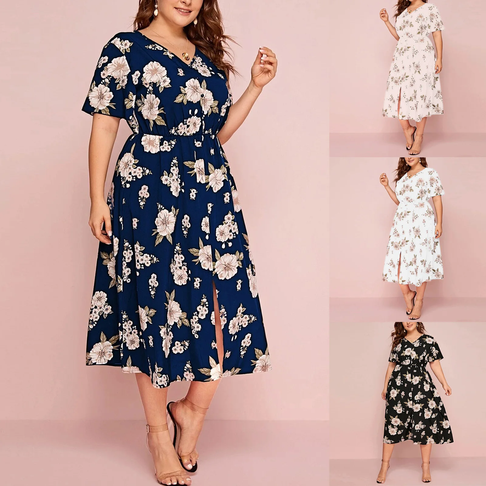 

European and American Style Plus-size Women's Three-quarter Short-sleeve Printed V-neck Loose Waist-cinching Slit Dress