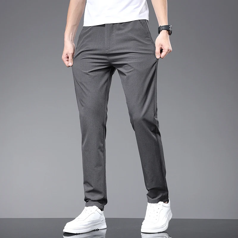 Spring Summer Thin Men\'s Slim Casual Pants Solid Color Elastic Waist Soft Breathable Business Straight Trousers Black Beige Gray