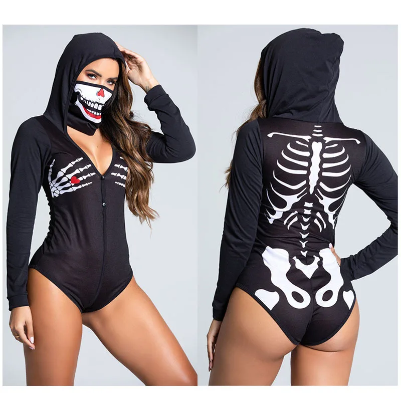 2022 Halloween Hooded Jumpsuit Zombie Skeleton Print Suit Sexy Uniform Vampire Cosplay Costume Demon Outfit Carnival Cos Party